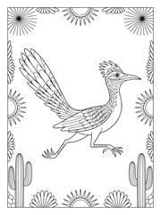 Fototapeta premium Roadrunner illustration: A stylized roadrunner illustration in a vibrant and energetic pose, framed by a whimsical border of cacti and suns. Perfect for coloring and creativity