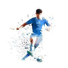 Soccer. Football player kicking ball, isolated low polygonal vector illustration with distortion effect, sports clipart