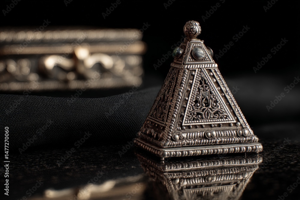 Aufkleber intricate silver pyramid box on dark surface with detailed craftsmanship and reflections showcasing 