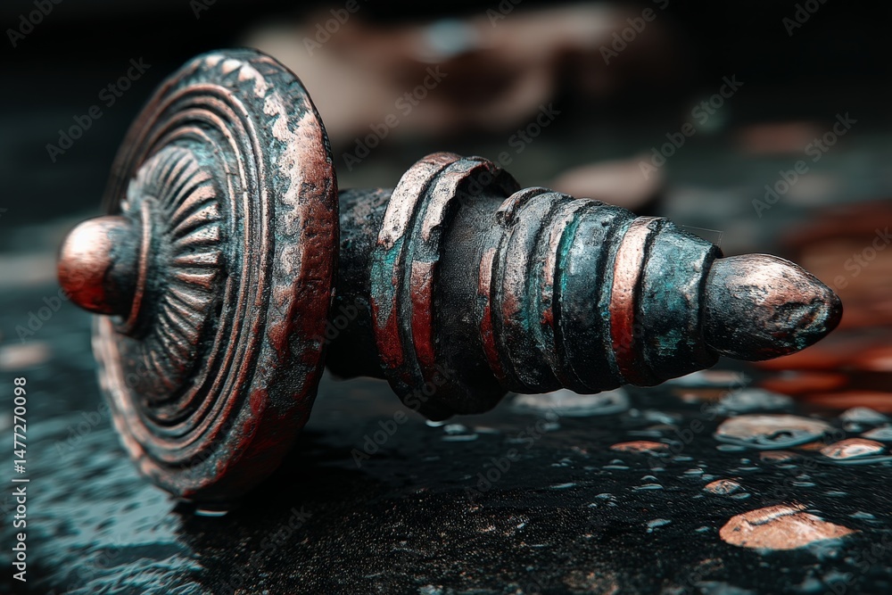 Aufkleber decorative metallic ornament lying on a wet surface in a rustic outdoor setting during the evening