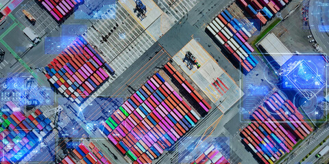 Container yard and digital technology concept. Logistics Tech. Wide angle visual for banners or advertisements.