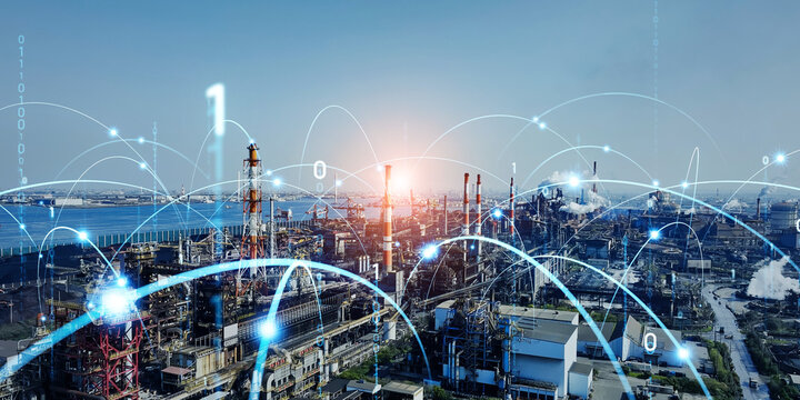 Industrial area and digital network concept. Wide angle visual for banners or advertisements.