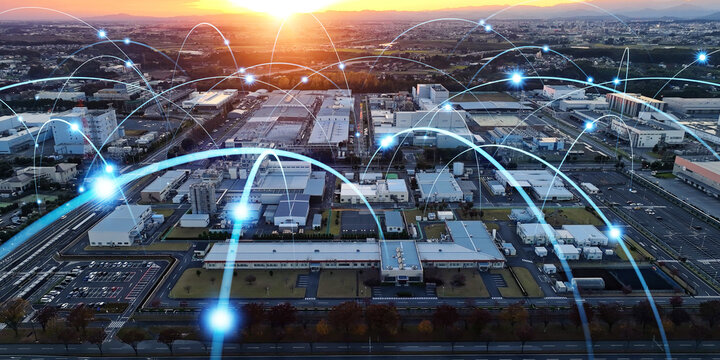 工業地帯と通信ネットワークのコンセプト　バナー・広告向け横長ビジュアル