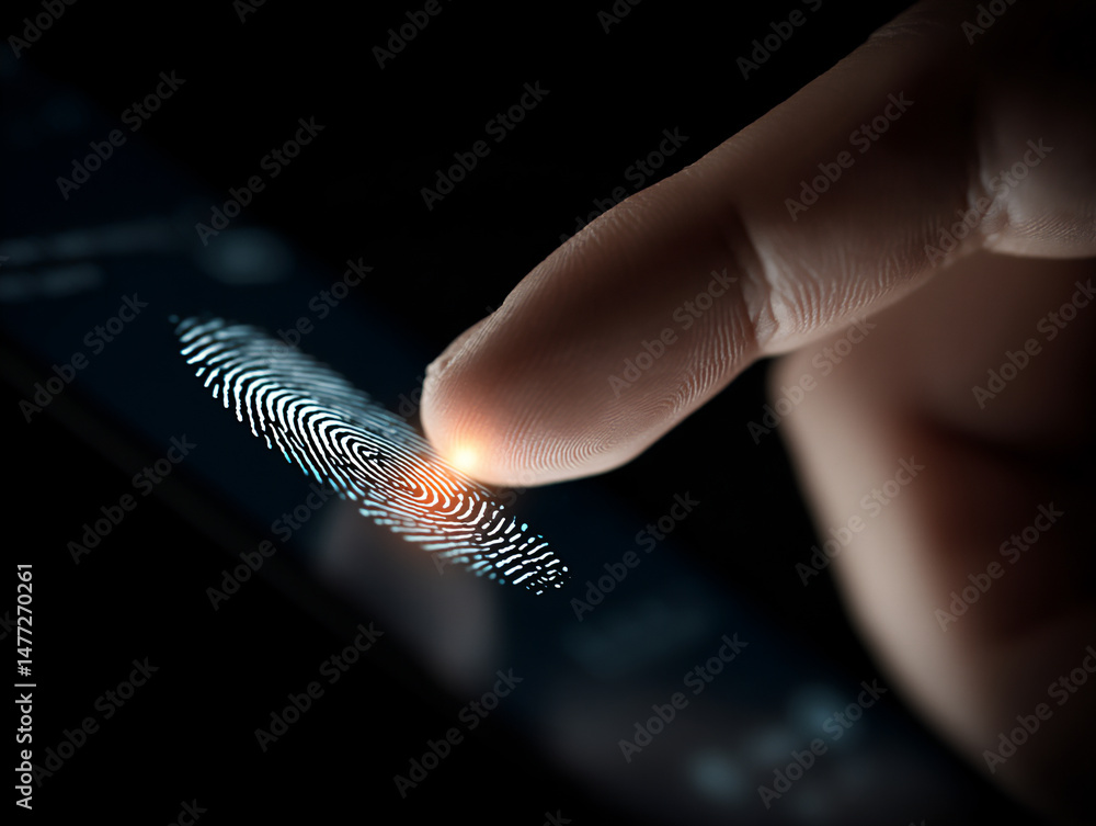 Poster close-up of hands using fingerprint recognition on a smartphone to authorize a virtual payment, with