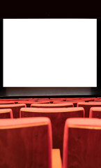 empty movie theater and movie screen mockup.
movie theater with red seats