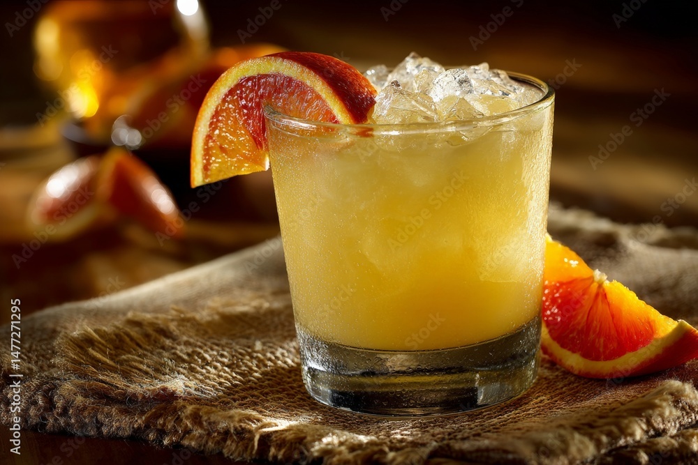 Poster refreshing citrus cocktail garnished with orange slices served on a rustic table