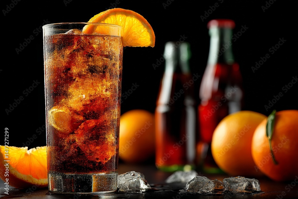 Poster refreshing citrus drink with ice and vibrant oranges in a cozy beverage setting