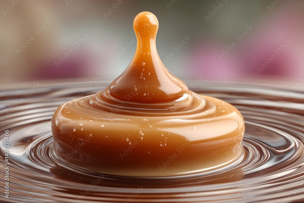 Poster Liquid caramel forms a droplet above smooth surface as it ripples in an artistic swirl