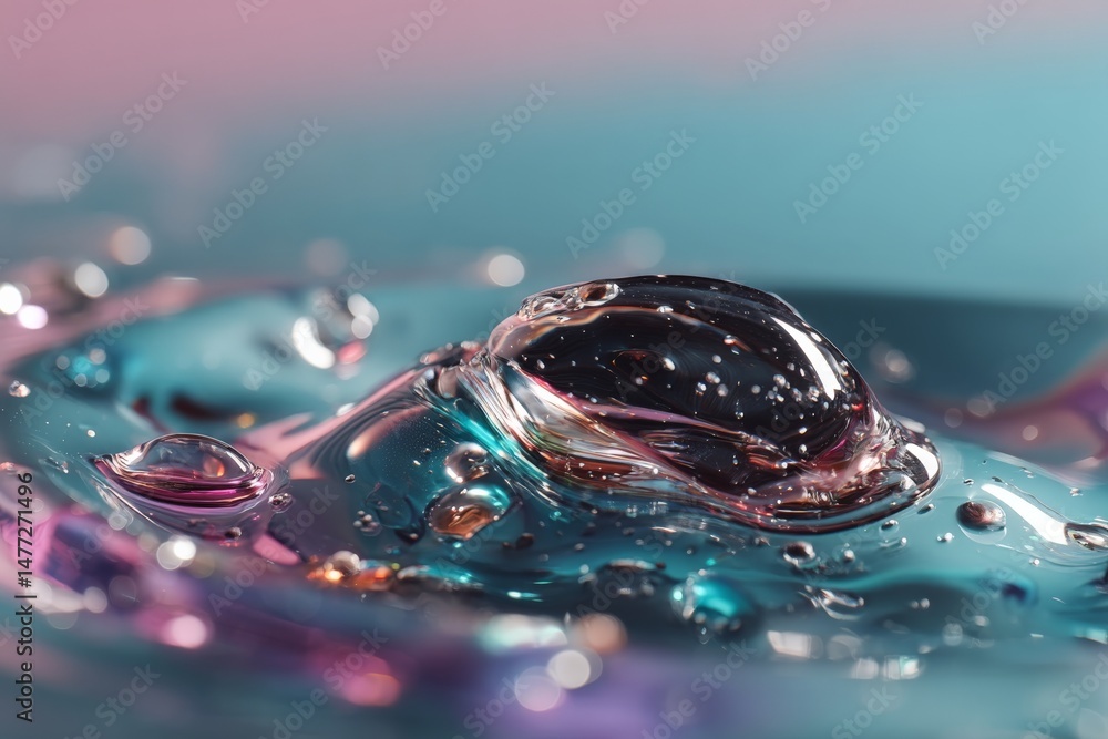 Poster colorful water droplets create a captivating abstract design on a vibrant surface at sunset