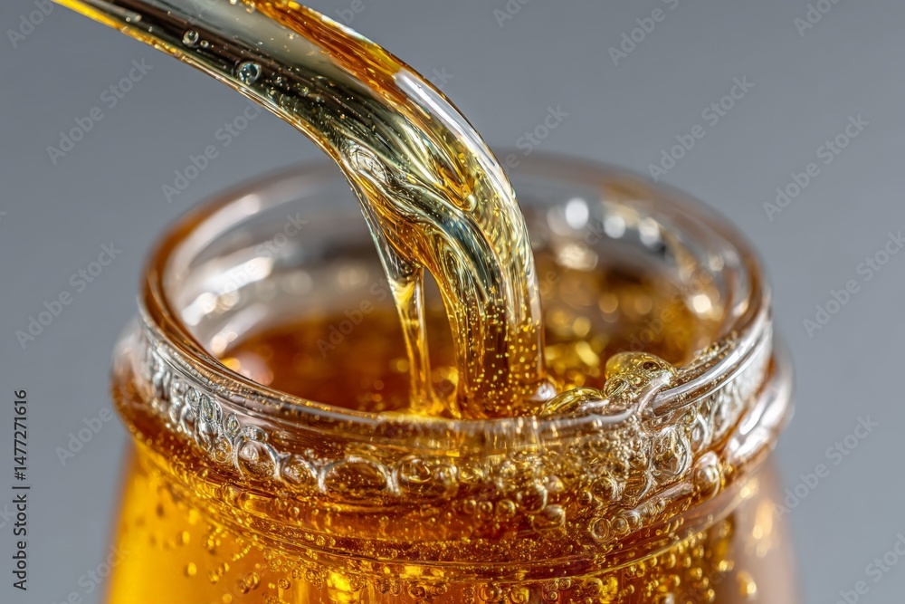 Poster golden syrup pours smoothly from a spoon into a clear jar, capturing the intricate bubbles and refle