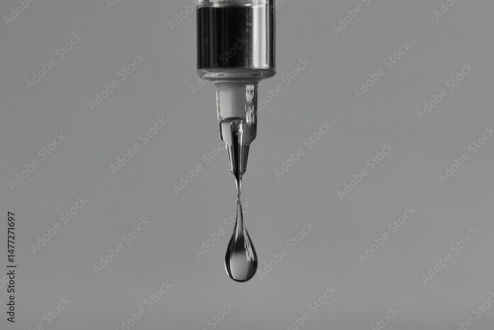 Poster Precision drop from a syringe hanging in midair against a neutral background during a laboratory experiment