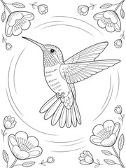 Obraz premium Hummingbird Art: A graceful hummingbird, with intricate line art detail, soars amidst delicate floral elements. The artistic rendering captures the avian's elegance