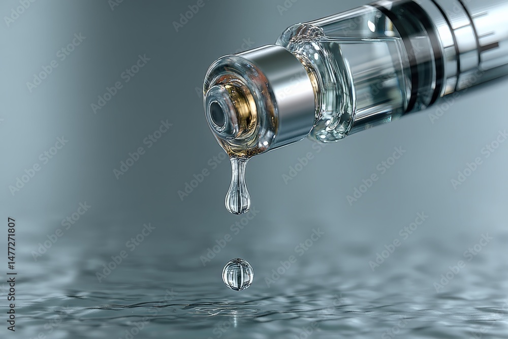 Poster Close-up view of a syringe dripping liquid against a reflective surface in a laboratory setting