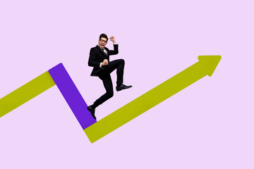 Fototapeta premium Creative full artwork collage of happy businessman businesswoman stand arrow development success statistics aim achievement