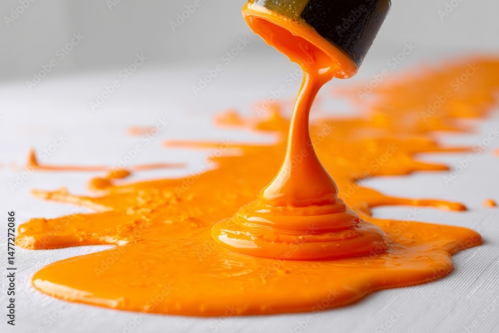 Poster bright orange paint spills across a white surface creating an artistic effect at a creative workspac