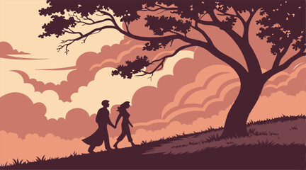 "Romantic Couple Silhouette Under Tree at Sunset – Wide-Angle Nostalgic Scene with Dramatic Sky and Warm Colors"