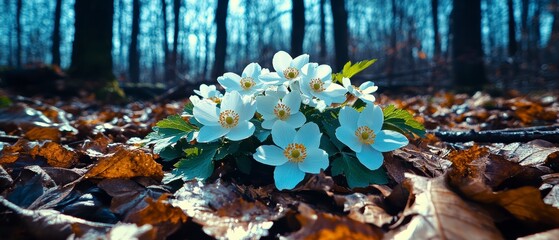 Enchanted Forest Delicate Blue Flowers Amongst Autumn Leaves