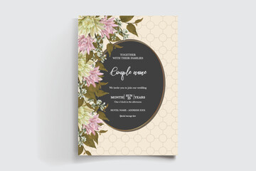 WEDDING INVITATION FRAME WITH FLOWER DECORATIONS AND FRESH LEAVES