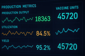 Vaccine production facility metrics display output utilization and yield rates with data trends for efficient vaccine units management