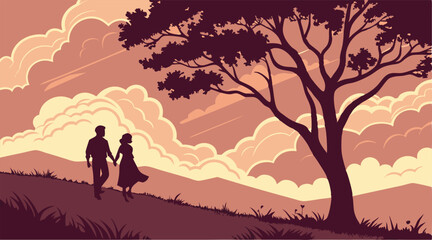 "Romantic Couple Silhouette Under Tree at Sunset – Wide-Angle Scene with Dramatic Sky and Nostalgic Mood"