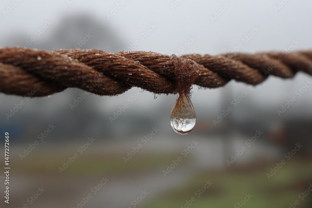 Poster raindrop hangs delicately from a twisted rope on a foggy morning at an outdoor location