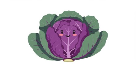 Obraz premium Cute Purple Cabbage Cartoon Character Smiling on White Background