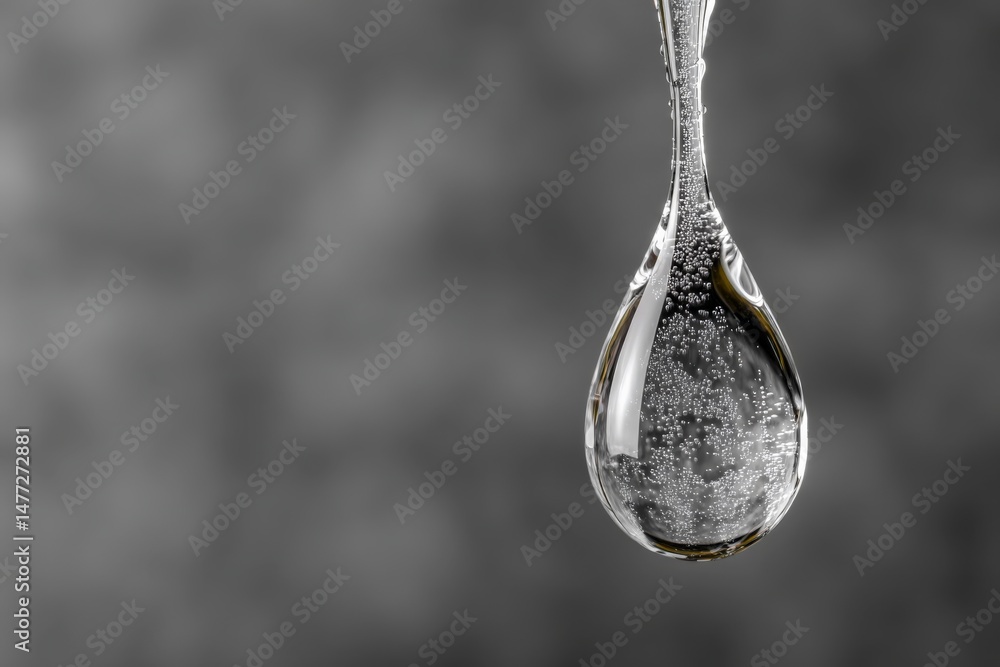 Poster droplet of water suspended on a spoon reflecting light in a monochrome setting
