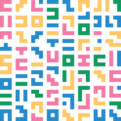Playful retro-style seamless pattern with geometric block shapes in green, blue, pink, and peach. Great for print, textile, branding, packaging, and web design with a nostalgic aesthetic.