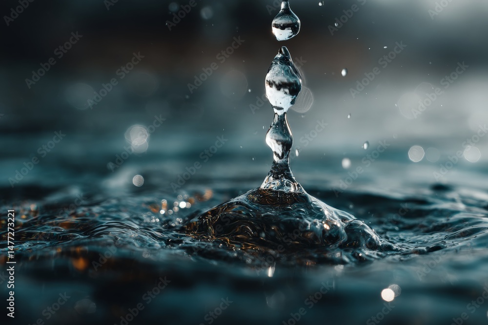 Poster Close-up view of water droplets creating ripples on a calm surface in soft lighting during early evening