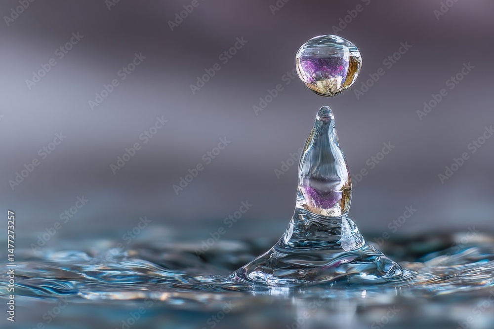 Poster water droplet creating a perfect splash in serene surroundings at twilight