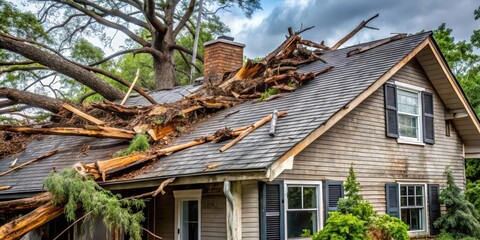 Severe Storm Damage Tree Collapsed Onto House Roof Causing Extensive Structural Damage