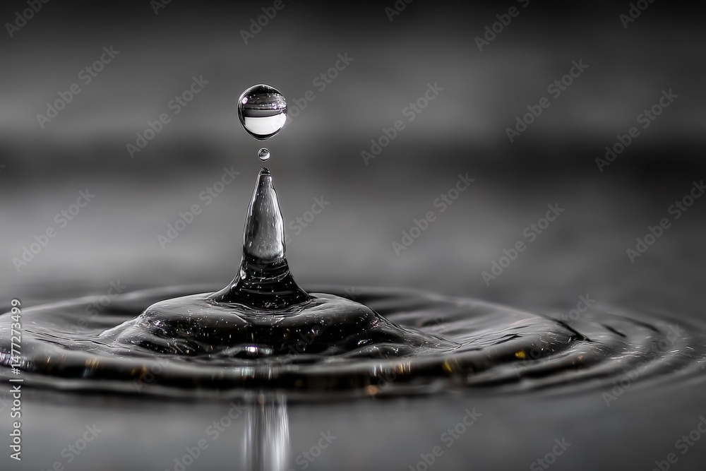 Poster water droplet creates ripples on surface during quiet moment of reflection in monochrome style