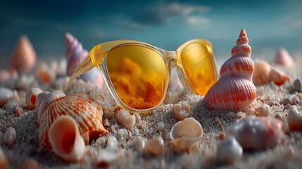 A pair of sunglasses is placed on a beach with shells and sand