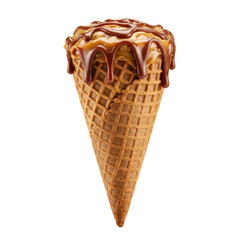 Delicious ice cream cone topped with chocolate sauce, isolated on a clean background