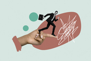 Creative full artwork collage of happy businessman businesswoman run human hand index finger...