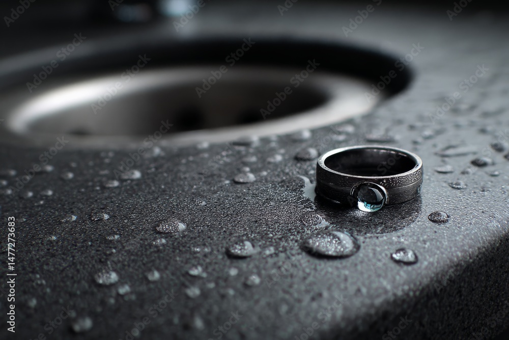 Poster Ring resting on wet surface near sink highlighting drops of water and reflections in natural light