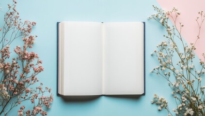 Open book with flowers on pastel background