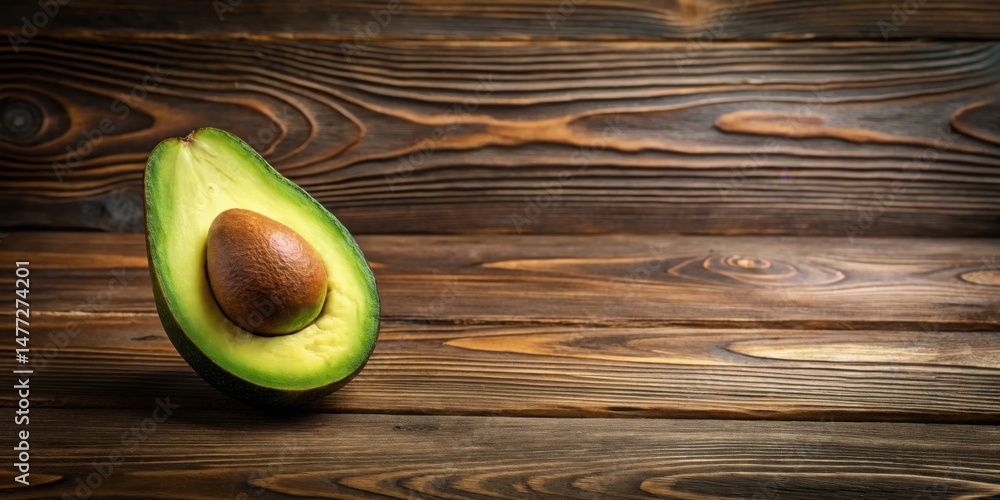 Poster a halved avocado rests on a rustic wooden surface, showcasing its vibrant green flesh and dark brown