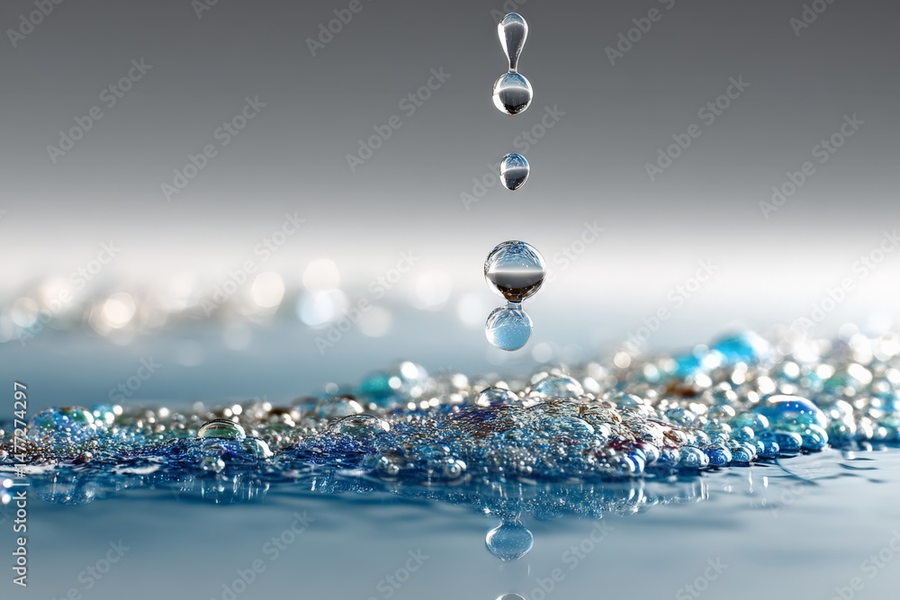Poster droplets of water create ripples on a serene surface during a calm morning