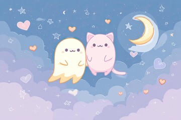 A cute kawaii of a ghost and cat duo floating through a starry night sky with a smiling crescent moon and floating hearts, pastel color palette, ideal for a Valentine&rsquo;s themed crossover
