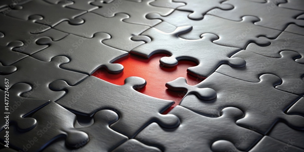 Poster Finding the Missing Piece A Close-Up of a Dark Gray Jigsaw Puzzle with a Single Red Piece Missing