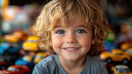 Happy kid playing with toy cars on a sunny afternoon laughter bright colors carefree childhood joy