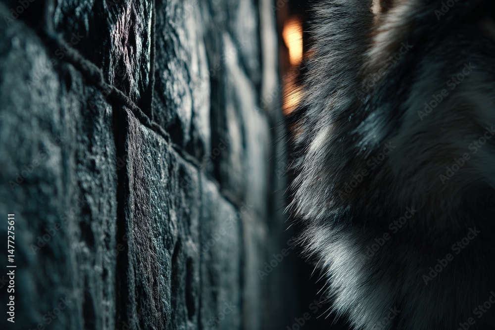 Poster close-up view of a wolf's fur against a stone wall in a dimly lit setting