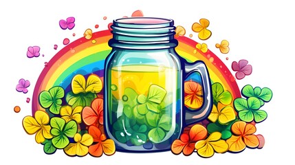 St. Patrick's Day themed vector illustration with jar of beer and rainbow for festive designs