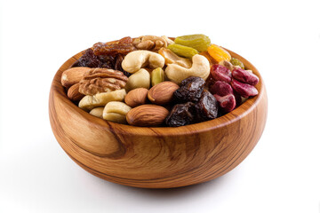 Obraz premium Dried fruits and nuts in a wooden bowl, offering nutritious and tasty snack options for any occasion