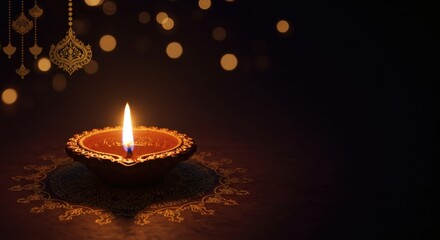 Lit Candle Flame Glowing with Soft Bokeh Lights in Dark Setting