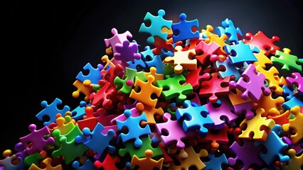 A vibrant assortment of puzzle pieces in various bright colors scattered randomly on a dark black background creating a whimsical and visually appealing design , colorful, scattered