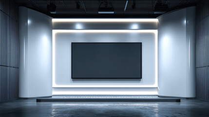 Fototapeta premium Modern empty exhibition space featuring a large screen and minimalistic design in a contemporary gallery