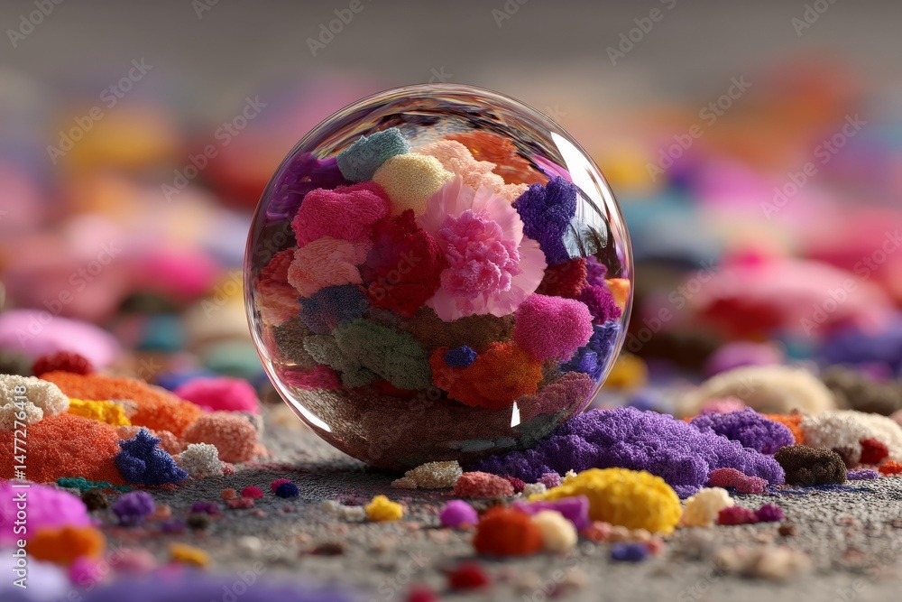 Poster colorful powdered pigments create a vibrant display inside a transparent sphere resting on a texture