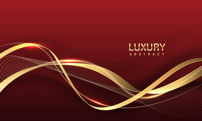 Abstract gold black ribbon curve overlap on red design modern luxury background vector
